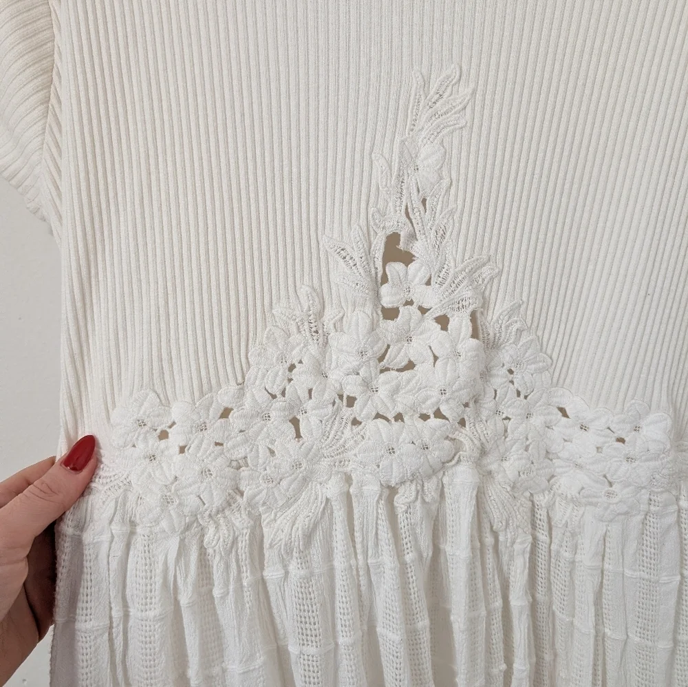 Free People Ivory White Serenity Floral Embroidery Cut Out Rib Flowy Maxi Dress